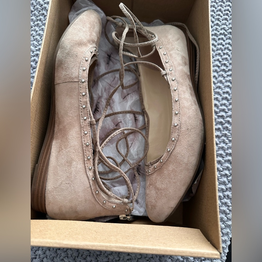 Jessica Simpson Taupe Lace-Up Suede Studded Flats - Picture 9 of 12